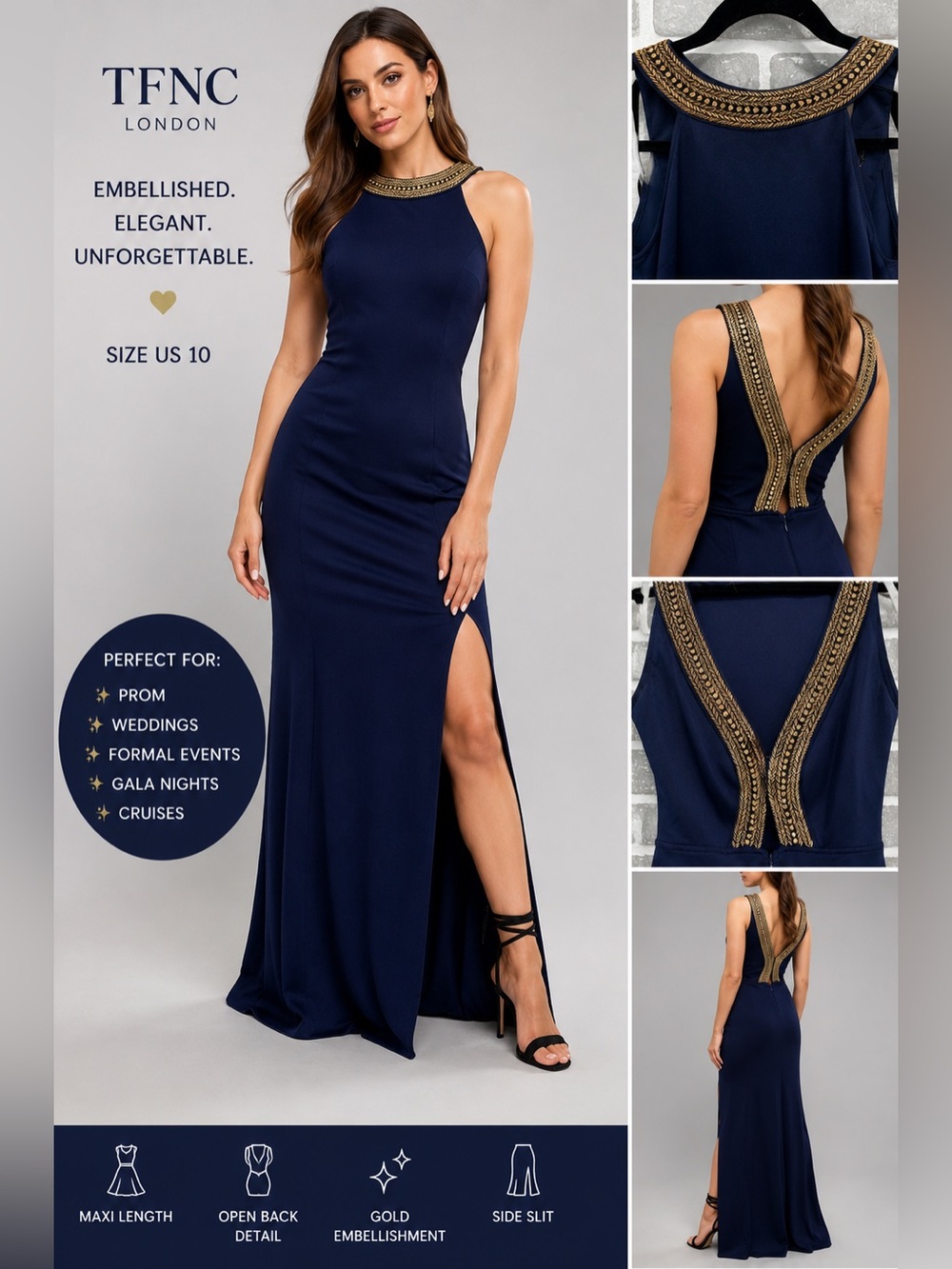 TFNC London Navy Embellished Open Back Maxi Dress US 10 Formal Prom Evening Gown